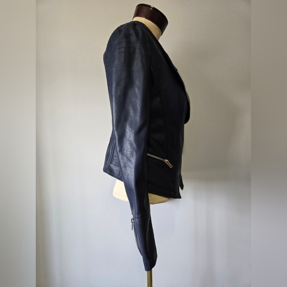 WILLI SMITH Navy Faux Leather Fitted Moto Jacket. Size Small - Picture 6 of 16